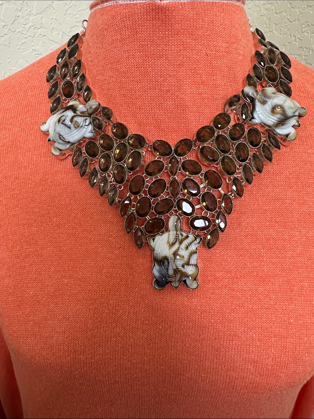 925 Sterling Silver Brown Tourmaline Stones Tortoise Murano Necklace